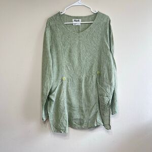 FLAX Womens Grid Plaid Long Sleeve Linen Tunic Picnic Pullover Shirt Green Large